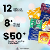 An infographic from Condomania showcases the Textured Condom Sampler (Ribbed & Studded Condoms), featuring assorted packs from over 8 distinctive brands. Highlights in the text include "12 Different Condoms," "8+ Unique Brands," and "Save $50+ vs. buying individually." The background accentuates a soft, blurred, multicolored design, enhancing the sense of variety.